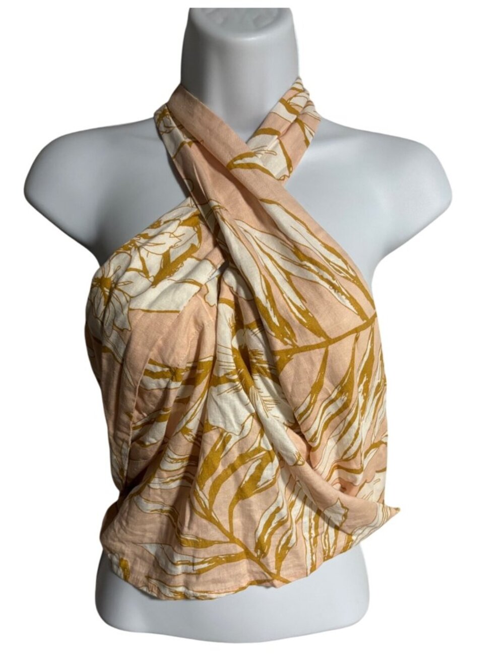 Rachel Zoe Halter Neck Wrap Crop Top Womens L Yellow & Pink Floral Linen Blend